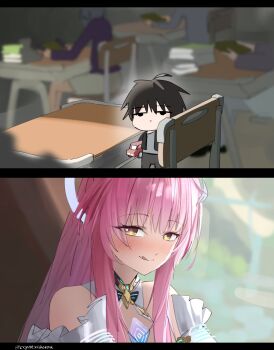 Rule 34 | 1boy, 1girl, aemeath (wuthering waves), bare shoulders, black hair, black jacket, blush, breasts, closed mouth, cryne, hair ornament, highres, jacket, licking lips, long hair, looking at viewer, male rover (wuthering waves), naughty face, pink hair, ponytail, rover (wuthering waves), smile, star-shaped pupils, star (symbol), symbol-shaped pupils, tongue, tongue out, wuthering waves, yellow eyes