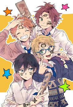 2020 4boys akehoshi_subaru arm_up bangs_pinned_back black_hair blonde_hair blue-framed_eyewear blue_eyes blue_necktie cardigan closed_eyes closed_mouth commentary crossed_arms ensemble_stars! facial_mark glasses green_eyes hagoita hair_between_eyes hands_up hidaka_hokuto highres index_fingers_together isara_mao long_sleeves looking_at_viewer looking_to_the_side male_focus mitobinyo multiple_boys necktie open_mouth orange_hair paddle pointing pointing_at_self print_cardigan red_hair shirt short_hair smile star_(symbol) symbol-only_commentary trickstar_(ensemble_stars!) white_shirt yuuki_makoto_(ensemble_stars!)