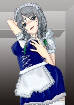 apron arm_behind_head arm_up blue_dress blue_eyes blush bow braid breasts commentary_request dress from_below grabbing_own_breast green_bow green_neckerchief grey_hair hair_bow izayoi_sakuya kams lace_trim large_breasts looking_at_viewer maid maid_apron maid_headdress neckerchief nose_blush open_mouth short_sleeves thighhighs touhou twin_braids white_thighhighs