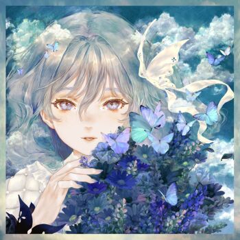1girl absurdres blue_butterfly border bug butterfly cloud commentary_request flower grey_eyes grey_hair hair_between_eyes hair_intakes hand_up highres insect long_hair looking_at_viewer original parted_lips portrait purple_flower shirone_(coxo_ii) shirt solo white_shirt