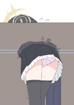 1girl absurdres ass black_hat black_pantyhose black_skirt blue_archive clothes_pull commentary_request flying_sweatdrops frilled_skirt frills from_behind halo hat highres loli mizusaki_(kn27) panties pantyhose pantyhose_pull pillory pink_panties professor_niyaniya_(blue_archive) simple_background skirt solo sweat underwear white_background yellow_halo