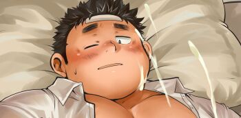 1boy black_hair blush cold_pack commentary_request cum cum_on_body ejaculation ellie_saionji facial highres inomori_shigenari_(tamacolle) lying male_focus on_back on_bed one_eye_closed open_clothes open_shirt paid_reward_available pectorals pillow shirt sweat tamacolle white_shirt