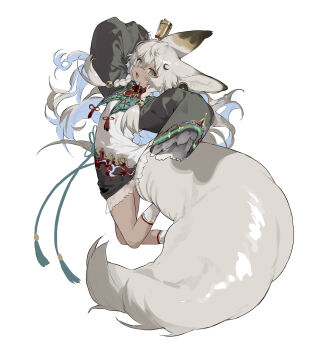 Rule 34 | 1girl, absurdres, animal ears, aqua pupils, braid, chinese commentary, dark-skinned female, dark skin, fang, grey hair, grey tail, hair between eyes, highres, large ears, large tail, looking at viewer, open mouth, original, shisantian, simple background, solo, tail, tassel, twin braids, white background, wide sleeves, yellow eyes, yunjian