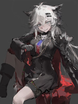 1girl absurdres aiguillette animal_ear_fluff animal_ears antenna_hair arknights arm_rest arm_support black_boots black_gloves black_jacket black_skirt blue_necktie boots breasts brooch buttons cape cropped_jacket efjun fold-over_boots foot_out_of_frame gloves gradient_necktie grey_background grey_eyes grey_hair grey_shirt grey_tail grin hair_between_eyes hair_ornament hairclip high-waist_skirt high_collar highres invisible_object jacket jewelry knee_up lappland_(arknights) lappland_the_decadenza_(arknights) long_hair long_sleeves looking_at_viewer messy_hair miniskirt multicolored_necktie necktie official_alternate_costume open_clothes open_jacket pale_skin red_cape red_necktie revision ribbed_shirt scar scar_across_eye scar_on_face shirt shirt_tucked_in shoulder_pads simple_background single_shoulder_pad sitting skirt small_breasts smile solo tail teeth thigh_strap two-tone_necktie v-shaped_eyebrows wide_sleeves wolf_ears wolf_girl wolf_tail