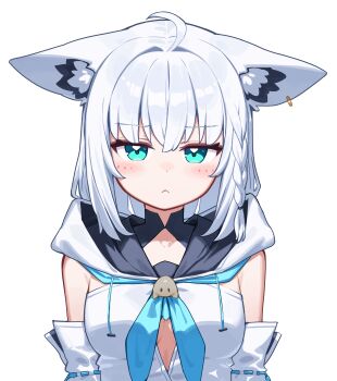 1girl :< animal_ear_fluff animal_ears aqua_eyes blue_neckerchief braid breasts closed_mouth deaver detached_sleeves earrings ears_down fox_ears fox_girl frown highres hololive hood hood_down hoodie jewelry long_hair looking_at_viewer medium_breasts neckerchief shirakami_fubuki shirakami_fubuki_(1st_costume) side_braid sidelocks simple_background single_earring solo upper_body virtual_youtuber white_background white_hair white_hoodie white_sleeves