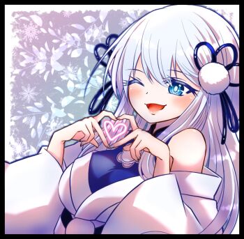 1girl blue_eyes blush breasts commentary_request duel_monster four-finger_heart_hands hair_between_eyes hair_ornament heart heart_hands japanese_clothes kimono long_hair long_sleeves medium_breasts momobesaeka one_eye_closed open_mouth purple_nails smile upper_body white_hair white_kimono wide_sleeves yu-gi-oh! yuki-onna_the_ice_mayakashi