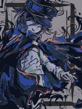 1boy black_cape black_hair cape commentary cowboy_shot danganronpa_(series) danganronpa_v3:_killing_harmony distortion flipped_hair grey_background hair_between_eyes hat highres long_sleeves looking_at_viewer male_focus medium_hair military_hat oma_kokichi peaked_cap phantoman purple_eyes purple_hair short_hair smirk surreal swirling