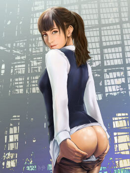 1girl absurdres ass ayatonas blunt_bangs breasts brown_hair clothes_pull cowboy_shot female_focus from_behind grabbing_own_ass green_eyes highres lips looking_at_viewer mooning original panties panty_pull pantyhose ponytail realistic shirt sidelocks solo underwear uniform vest