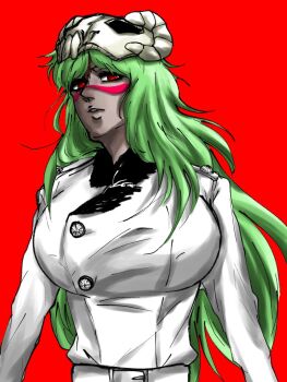 1girl bleach bleach:_sennen_kessen-hen breasts gande0920 green_hair large_breasts long_hair nelliel_tu_odelschwanck red_background red_eyes simple_background solo wandenreich_uniform zombie