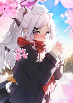 1girl ahoge ayu_(user_xkhp7843) black_halo blue_archive blue_sky blush day demon_girl demon_horns demon_wings halo highres hina_(blue_archive) horns long_hair looking_at_viewer low_wings outdoors purple_eyes red_scarf scarf sky snow solo white_hair wings winter