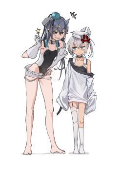+++ 2girls anger_vein aqua_hat barefoot black_one-piece_swimsuit black_ribbon candy commentary_request competition_swimsuit dace_(kancolle) dixie_cup_hat food garrison_cap grey_hair hair_ornament hat headgear height_difference highleg highleg_one-piece_swimsuit highres holding holding_candy holding_food kantai_collection leaning_forward lollipop long_hair military_hat multiple_girls narrow_hips one-piece_swimsuit ribbon scamp_(kancolle) shirt shorts side_ponytail sing152 standing star_(symbol) star_hair_ornament swimsuit two-tone_one-piece_swimsuit white_shirt white_shorts