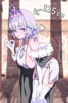 1girl :o absurdres bare_shoulders black_cloak blush breasts chest_jewel cleavage cloak dress elbow_gloves fellatio_gesture fur-trimmed_cloak fur_trim gem gloves grey_hair gurumie hair_between_eyes halter_dress halterneck handjob_gesture heart height highres hololive hololive_english jewel_under_eye large_breasts leaning_forward looking_at_viewer material_growth mature_female momseki_(koseki_bijou) off_shoulder ok_sign purple_eyes sagging_breasts short_dress shortstack side_slit sideboob sideless_dress skindentation solo standing thighhighs tiara virtual_youtuber white_dress white_gloves white_thighhighs