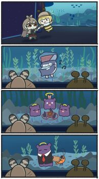 2girls 4koma absurdres ahoge antennae aquarium beamed_eighth_notes bee_costume belt blonde_hair bloop_(gawr_gura) brown_capelet brown_cloak brown_corset brown_eyes brown_hair cape capelet chibi cloak comic commentary cookie corset ebi-chan_(gawr_gura) eighth_note english_commentary english_text fang feather_hair_ornament feathers flying food formal_clothes glass hair_ornament halo hat highres holding_hands hololive hololive_english ina's_back_(meme) long_hair mpien multicolored_hair multiple_girls musical_note nanashi_mumei nanashi_mumei_(1st_costume) necktie octopus open_mouth package pentagram pointing ponytail red_necktie seaweed shark short_hair shrimp silent_comic skirt streaked_hair suit summoning sunglasses takodachi_(ninomae_ina'nis) very_long_hair virtual_youtuber water watson_amelia