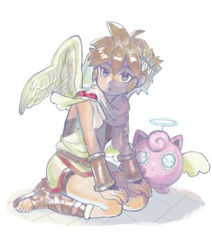 1boy ahoge angel angel_wings bike_shorts brown_hair dancho_no_mori fake_halo fake_wings full_body gen_1_pokemon halo highres jigglypuff kid_icarus kid_icarus_uprising laurel_crown male_focus nintendo parted_lips pit_(kid_icarus) pokemon pokemon_(creature) seiza sitting super_smash_bros. tears wings