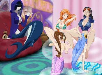 5girls adjusting_hair aqua_hair bad_id bad_pixiv_id barefoot bikini bikini_top_only biting_own_lip black_hair blue_hair blush bottomless breasts brown_hair bubble cleavage closed_eyes cunnilingus earrings eyewear_on_head feet fins flower hair_flower hair_ornament hair_slicked_back hand_on_another's_head headphones highres jewelry jpeg_artifacts large_breasts licking long_hair madame_shirley mermaid mero_(one_piece) money_bag monster_girl multiple_girls nami_(one_piece) nami_(one_piece)_(return_to_sabaody) navel nico_robin nico_robin_(return_to_sabaody) one_piece oral orange_hair ponytail prostitution seira_(one_piece) shark_girl short_hair sitting smoking smoking_pipe sunglasses swimsuit umanonakama yuri
