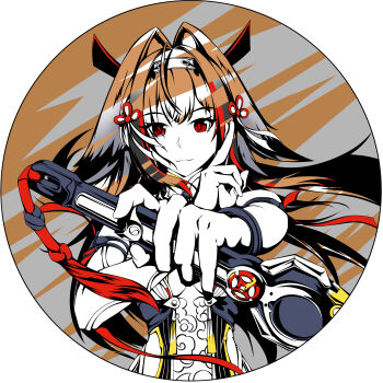 1girl :3 absurdres armlet bare_shoulders border brown_background brown_hair china_dress chinese_clothes closed_mouth clover clover_hair_ornament commentary_request dress droopy_ears grey_background hair_ornament hairband highres holding holding_sword holding_weapon jewelry long_hair metal_bracelet nanguibeijiang qingming_sword red_eyes round_border silver_armlet solo sword two-tone_background upper_body weapon white_background white_hairband ye_shunguang zenless_zone_zero