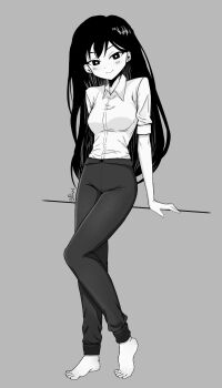 1girl arm_support barefoot breasts bright_pupils closed_mouth collared_shirt commentary english_commentary full_body grey_background greyscale hair_behind_ear half-closed_eyes hatching_(texture) high_contrast highres jayfonzil knees_together_feet_apart looking_at_viewer mari_(faraway)_(omori) mari_(omori) medium_breasts monochrome omori pants shirt shirt_tucked_in short_sleeves simple_background smile solo standing straight_hair toes