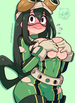 1girl :&gt; alternate_breast_size_(larger) asui_tsuyu black_eyes blush bodysuit boku_no_hero_academia bow-shaped_hair breasts breasts_out closed_mouth covered_navel covering_breasts covering_privates cowboy_shot fanbox_username flying_sweatdrops gloves goggles goggles_on_head green_background green_bodysuit green_hair grey_gloves large_breasts long_hair looking_at_viewer pongldr solo torn_bodysuit torn_clothes watermark web_address
