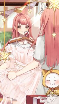 1girl ^_^ ahoge amoi_(amoi6v6) animal bedroom bow bowtie brown_bow brown_bowtie brown_eyes cat cloak closed_eyes closed_mouth clothed_animal clothesline commentary commentary_request cowboy_shot dot_nose dress ear_covers english_commentary floral_print frilled_dress frills full-length_mirror garland_(decoration) happy hexagram highres holding holding_unworn_clothes holding_unworn_dress hood hood_up hooded_cloak indoors light_blush light_particles lipstick long_hair long_sidelocks looking_at_reflection makeup miracle_nikki mirror mixed-language_commentary momo_(nikki) navel nikki_(series) on_table oversized_clothes oversized_shirt pink_dress pink_hair pleated_dress print_dress reflection rose_print shirt short_dress short_sleeves sidelocks sitting skirt_hold smile sparkle standing straight_hair strapless strapless_dress t-shirt table tareme unworn_dress v-shaped_eyebrows white_cat white_shirt yellow_cloak