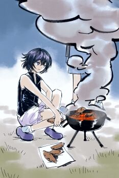 2others absurdres androgynous ankle_socks bare_arms bare_legs bare_shoulders black_shirt blue_jacket blue_shorts blue_sky boots chinese_commentary collared_shirt commentary commentary_request cookie cooking day english_commentary food frilled_shorts frills full_body grass grilling hair_between_eyes happy high_collar highres jacket len&#039;en long_sleeves looking_at_another mixed-language_commentary multiple_others no_headwear no_jacket open_clothes open_jacket open_mouth other_focus outdoors puffy_shorts purple_boots purple_eyes purple_hair shirt shitodo_aoji shitodo_kuroji short_hair shorts siblings sky sleeveless sleeveless_shirt smile smoke socks solo_focus squatting standing sweet_potato white_shorts white_socks yancao_(pixiv_103434280) zipper