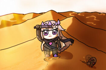 1girl bing_huyue black_overalls black_scarf blush_stickers chest_jewel chibi commentary dagger desert dune_(series) english_commentary gem gem_hair_ornament hair_flaps hand_jewel highres holding holding_dagger holding_knife holding_weapon hololive hololive_english knife koseki_bijou long_hair overalls pebble_(koseki_bijou) purple_eyes purple_gemstone purple_shoes sand_dune scarf shoes virtual_youtuber weapon