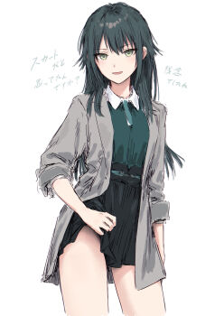 1girl black_hair black_skirt clothes_lift coat cowboy_shot gakuen_idolmaster green_eyes green_shirt grey_coat highres idolmaster lifting_own_clothes long_hair long_sleeves looking_at_viewer open_clothes open_coat open_mouth polo_shirt shirt simple_background skirt skirt_lift sleeves_rolled_up smile solo translation_request tsukimura_temari upskirt white_background yukitake_(xuserpost)