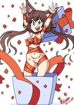 1girl :d animal_ears armpits arms_up artist_name blue_eyes box breasts brown_hair caleen_keemosn chibi cleft_of_venus collar commission confetti fang fangs female_focus fox_ears fox_girl fox_tail gift gift_box hair_ribbon in_box in_container long_hair looking_at_viewer mabeelz medium_breasts multiple_tails naked_ribbon navel nude open_mouth original pussy red_ribbon ribbon runes simple_background smile solo star_ocean star_ocean:_anamnesis tail twintails very_long_hair white_background
