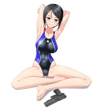 Rule 34 | 1girl, absurdres, armpits, arms behind head, barefoot, black eyes, black hair, black one-piece swimsuit, breasts, chouno ami, commentary request, competition swimsuit, feet, girls und panzer, gun, handgun, highres, indian style, large variant set, looking at viewer, medium breasts, multicolored swimsuit, one-piece swimsuit, presenting armpit, short hair, sig p220/p226, sig sauer, simple background, sitting, solo, swept bangs, swimsuit, takafumi, toes, turtleneck, variant set, weapon, white background