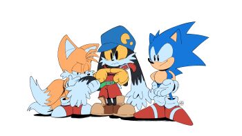 3boys absurdres aryelsereio belt closed_mouth colored_sclera crossover furry furry_male gloves half-closed_eyes hat highres index_fingers_together kaze_no_klonoa klonoa looking_at_another multiple_boys namco pac-man red_shorts sega shorts smile sonic_(series) sonic_the_hedgehog sonic_the_hedgehog_(classic) tails_(sonic) wavy_mouth white_background yellow_sclera