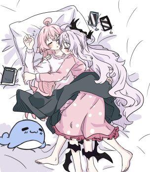 Rule 34 | 2girls, ahoge, barefoot, black horns, black wings, blue archive, book, cellphone, commentary request, demon girl, demon horns, demon wings, dress, e v e neko, highres, hina (blue archive), hina (pajamas) (blue archive), horns, hoshino (blue archive), hug, long hair, long sleeves, multiple girls, no halo on purpose, official alternate costume, pajamas, phone, pillow, pink dress, pink hair, pink pajamas, polka dot, polka dot pajamas, shirt, sleeping, smartphone, white hair, white shirt, wings, yuri, zzz