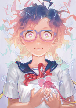 bow brown_hair cable electricity electrocution english_text eyelashes heart heart_out_of_chest highres messy_hair mole mole_under_mouth original plug red_bow school_uniform serafuku sweatdrop symbol_in_eye twintails white_background yamamoto_suzume