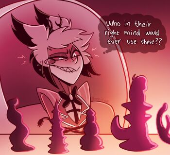 1boy alastor_(hazbin_hotel) animal_ears biting_own_lip black_bow black_bowtie bow bowtie chair colored_sclera deer_boy deer_ears dildo english_text hazbin_hotel hellaverse highres jacket male_focus monocle nomi_(artist) red_jacket red_sclera sex_toy sharp_teeth short_hair sitting solo speech_bubble teeth thought_bubble