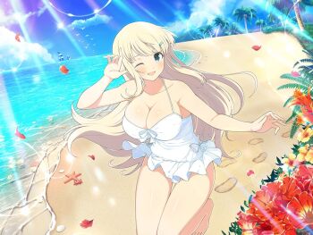 1girl :d aqua_eyes bare_shoulders barefoot beach bird blonde_hair blush boat bow breasts cleavage coconut coconut_tree collarbone crab falling_petals flower flower_on_liquid footprints grass hair_ornament hairclip hibiscus horizon large_breasts lens_flare light_particles light_rays long_hair looking_at_viewer mountain mountainous_horizon ocean official_art one-piece_swimsuit one_eye_closed open_mouth orange_flower palm_leaf palm_tree petals plant red_flower ribbon sailboat sand seagull seashell senran_kagura senran_kagura_new_link senran_kagura_shoujo-tachi_no_shin&#039;ei shell shielding shiny_skin smile solo sparkle standing standing_on_one_leg starfish sunbeam sunlight swimsuit swimsuit_skirt thigh_gap tree tropical water watercraft white_bow white_flower white_one-piece_swimsuit white_ribbon yaegashi_nan yellow_flower yomi_(senran_kagura)