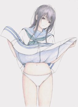 1girl absurdres bbmasa black_hair blue_sailor_collar blue_serafuku closed_mouth clothes_lift commentary_request gradient_background green_neckerchief grey_background hibike!_euphonium highres kitauji_high_school_uniform lifting_own_clothes liz_to_aoi_tori long_hair looking_at_viewer navel neckerchief no_pants panties red_eyes sailor_collar school_uniform serafuku shirt shirt_lift solo standing thighs traditional_media underwear white_panties white_shirt yoroizuka_mizore