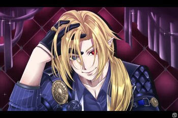 Rule 34 | 1boy, arm out of sleeve, arm up, bicep strap, black gloves, blue necktie, closed mouth, collarbone, commentary request, gloves, gold ring, grey eyes, half gloves, hand on own head, heterochromia, hugo vlad, kintarosuming, letterboxed, looking at viewer, male focus, mole, mole under eye, necktie, pointy ears, purple shirt, red eyes, shirt, sleeves rolled up, smile, solo, sparkle, undone necktie, upper body, v-shaped eyebrows, zenless zone zero