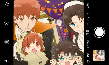 2boys 2girls absurdres aged_down black_coat black_hair blue_eyes blurry blurry_background child coat commentary_request cosplay curtains emiya_shirou fake_phone_screenshot fake_screenshot family fangs fate/grand_order fate/stay_night fate_(series) fujimaru_ritsuka_(female) fujimaru_ritsuka_(male) gen_7_pokemon grin highres if_they_mated ios_(os) jack-o'-lantern konsan_(shinonome_root3) mimikyu mimikyu_(cosplay) multiple_boys multiple_girls mummy_costume nintendo nun one_eye_closed orange_eyes orange_hair pokemon smile tohsaka_rin traditional_nun translated user_interface viewfinder