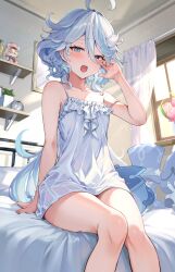 Rule 34 | 1girl, absurdres, bare shoulders, blue eyes, blue hair, blue nightgown, blush, furina (genshin impact), genshin impact, hair between eyes, highres, indoors, light blue hair, long hair, looking at viewer, nightgown, on bed, pi tayuko, solo, very long hair, yawning