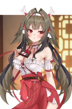 1girl animal_ears armband bare_shoulders blush bow breasts brown_hair cleavage collar collarbone commentary cross-laced_clothes cross-laced_top droopy_ears english_commentary eyeliner frilled_armband frilled_collar frilled_shirt frills gift hair_ornament headband high-waist_skirt highres holding holding_gift large_breasts long_hair long_skirt looking_at_viewer makeup matrix16 multicolored_hair official_alternate_costume open_mouth red_eyeliner red_eyes red_ribbon ribbon shirt skirt smile streaked_hair tail very_long_hair white_armband white_shirt ye_shunguang ye_shunguang_(touch_of_dawnlight) zenless_zone_zero