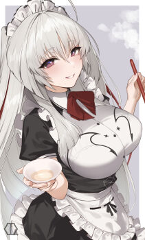 1girl ahoge apron black_dress blush border bow bowtie breasts collared_shirt commentary_request cowboy_shot cup dress ezaki_iroha frilled_apron frilled_dress frills grey_background highres holding holding_cup ladle large_breasts long_hair looking_at_viewer maid_headdress outside_border parted_lips puffy_short_sleeves puffy_sleeves purple_eyes red_bow red_bowtie shirt short_sleeves simple_background solo steam sweet_home_maid very_long_hair waist_apron white_apron white_border white_hair white_shirt yaman