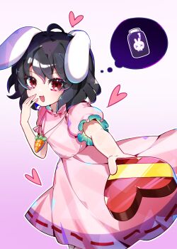 1girl :d ahoge animal_ears black_hair box carrot_necklace commentary dress floppy_ears foreshortening frills hand_up happy heart heart-shaped_box highres inaba_tewi incoming_gift jewelry looking_at_viewer necklace open_mouth outline outstretched_arm pink_dress puffy_short_sleeves puffy_sleeves rabbit_ears red_eyes short_hair short_sleeves sia_6767 simple_background skull smile solo speech_bubble spoken_object thought_bubble touhou valentine white_background white_outline x_x
