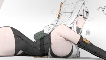 1girl azz0422 black_gloves breast_press breasts commentary cup curvy drinking_straw elbow_gloves facing_to_the_side from_side gloves highres large_breasts leotard long_hair looking_ahead lying on_stomach simple_background solo sweat symbol-only_commentary white_background white_hair yellow_eyes yixuan_(zenless_zone_zero) zenless_zone_zero