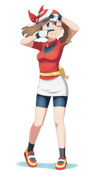 1girl ;) absurdres anime_coloring bandana bike_shorts bike_shorts_under_skirt black_socks blue_eyes blush breasts brown_hair closed_mouth collared_shirt commentary duplicate finger_frame finger_frame_over_eye full_body gloves hands_up highres looking_up may_(pokemon) medium_hair nintendo one_eye_closed pixel-perfect_duplicate pokemon pokemon_(anime) pokemon_rse_(anime) red_bandana red_shirt scarletsky shirt shoes short_sleeves skirt smile socks solo standing white_background white_skirt