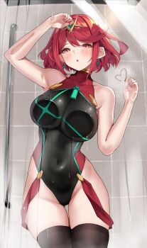 1girl :o against_glass arm_up armor armpits black_one-piece_swimsuit black_thighhighs blush breastplate breasts brown_eyes competition_swimsuit covered_navel earrings gluteal_fold heart highres indoors jewelry large_breasts looking_at_viewer matrix16 official_alternate_costume one-piece_swimsuit open_mouth pyra_(pro_swimmer)_(xenoblade) pyra_(xenoblade) red_hair short_hair shower_(place) solo steam swimsuit teeth thigh_gap thighhighs tiara tile_wall tiles xenoblade_chronicles_(series) xenoblade_chronicles_2