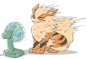 Rule 34 | absurdres, arcanine, artist name, closed eyes, closed mouth, commentary, electric fan, fang, fang out, gen 1 pokemon, highres, motion blur, nintendo, no humans, ouroborotter, pokemon, pokemon (creature), solo, white background