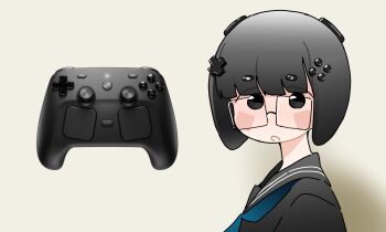 1girl absurdres black_eyes black_hair black_sailor_collar black_serafuku blue_neckerchief blunt_bangs blush_stickers controller cross_hair_ornament from_side game_controller glasses gradient_background hair_ornament highres looking_at_viewer neckerchief no_pupils open_mouth orenjipiiru original personification rectangular_eyewear sailor_collar school_uniform serafuku short_hair simple_background solo steam_(platform) steam_controller steam_machine-tan straight_hair upper_body valve_corporation yellow_background