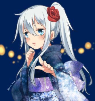 1girl alternate_costume alternate_hairstyle blue_background blue_eyes blue_hair blue_kimono blush commentary_request floral_print floral_print_kimono flower from_side hair_between_eyes hair_flower hair_ornament hibiki_(kancolle) holding japanese_clothes kantai_collection kimono long_hair long_sidelocks long_sleeves looking_at_viewer motohara_moka open_mouth outstretched_arm ponytail print_kimono reaching reaching_towards_viewer red_flower sidelocks solo upper_body wide_sleeves