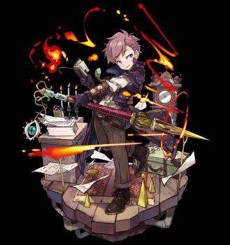 1boy arm_guards black_background black_gloves blue_eyes blush book box brown_hair brown_pants brown_shoes candlestand clock closed_mouth collared_jacket dress_shoes fire full_body gloves highres holding holding_book holding_polearm holding_weapon jacket long_sleeves merc_storia merc_storia_art_team motion_lines official_art open_clothes open_jacket outstretched_arm pants paper peter_(merc_storia) polearm purple_jacket shirt shoes short_hair short_sleeves simple_background smile solo standing standing_on_one_leg tachi-e tsurime weapon white_shirt wooden_floor