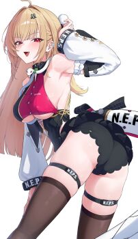 1girl absurdres ahoge arm_up armpits ass bare_shoulders bent_over black_boots black_choker black_panties black_skirt blonde_hair boots braid breasts brown_thighhighs chalky_(zenless_zone_zero) choker cissia_(zenless_zone_zero) collared_shirt commentary crop_top detached_sleeves fang frilled_sleeves frills from_behind full_body gonplap hair_ornament hairclip hand_on_own_thigh highres large_breasts long_hair long_sleeves looking_at_viewer looking_back miniskirt open_mouth panties red_eyes red_shirt shirt simple_background skindentation skirt sleeveless sleeveless_shirt smile snake solo standing tail thigh_strap thighhighs thighs twisted_torso underboob underwear white_background zenless_zone_zero