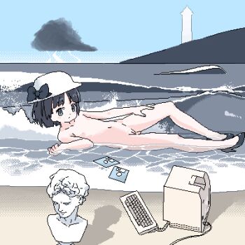1girl apple_inc. beach black_bow black_eyes black_hair blue_sky bow bust_(sculpture) cleft_of_venus closed_mouth commentary_request completely_nude computer day dithering expressionless flat_chest floppy_disk from_side full_body grey_nails hand_on_own_thigh hat hat_bow high_heels horizon jaggy_lines lighthouse lightning lokulo_no_mawashimono loli looking_at_viewer lowres lying macintosh mountainous_horizon nude ocean on_back original outdoors partially_submerged pussy sea_spray shadow short_hair sky solo storm_cloud waves