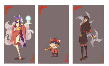 1girl 2boys ahri_(league_of_legends) alternate_costume bi_ge_xing highres league_of_legends long_hair multiple_boys simple_background talon_(league_of_legends) teemo very_long_hair weapon yordle